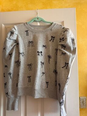 Anthropologie Gray Bow-Accent Puff Sleeve Sweatshirt